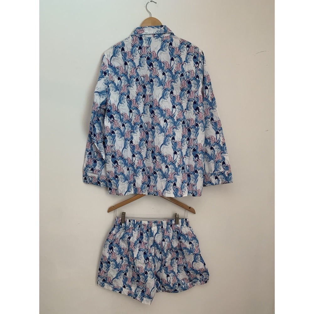 8 Oak Land Pajamas Sz M Blue Pink 100% Cotton Cockatoos Long Sleeve Shorts Prep - Picture 7 of 11